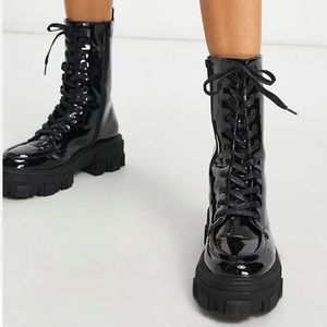 ASOS DESIGN Acoustic chunky lace up boots in black patent